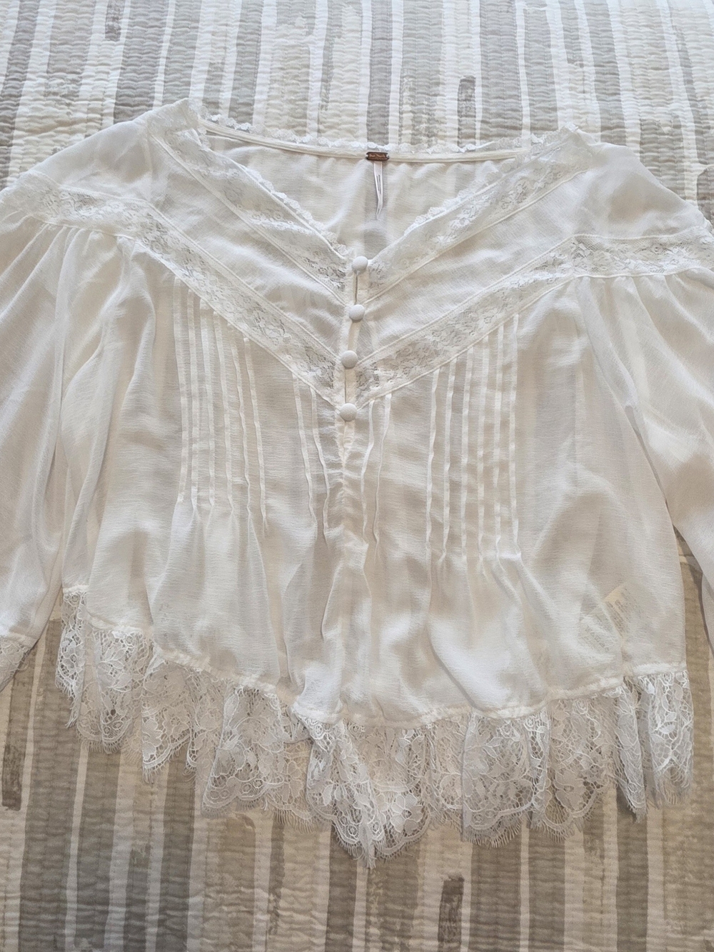 Free People White Lace-Trimmed Button Blouse